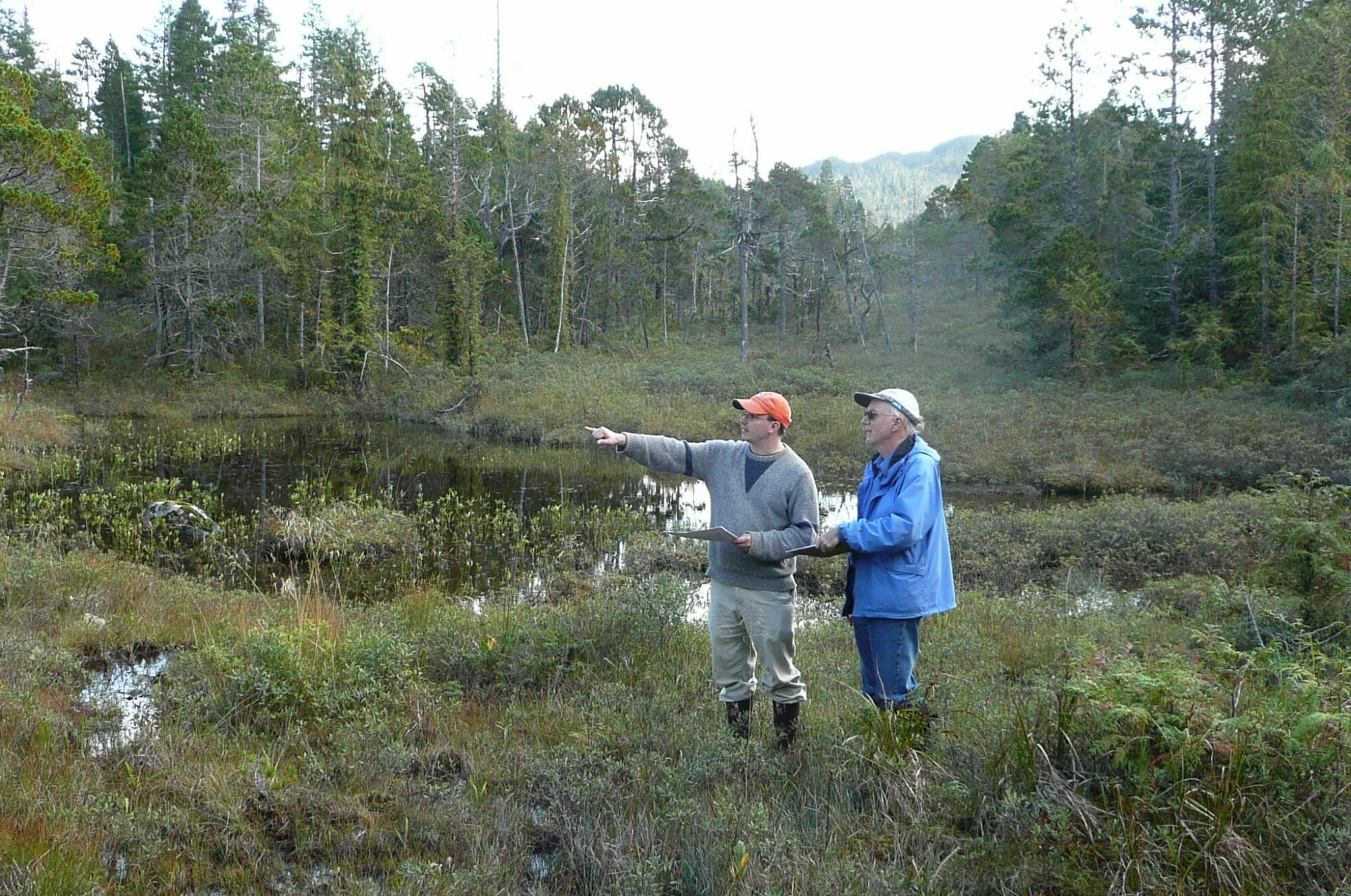 Two male researchers in the field and one of them is pointing.